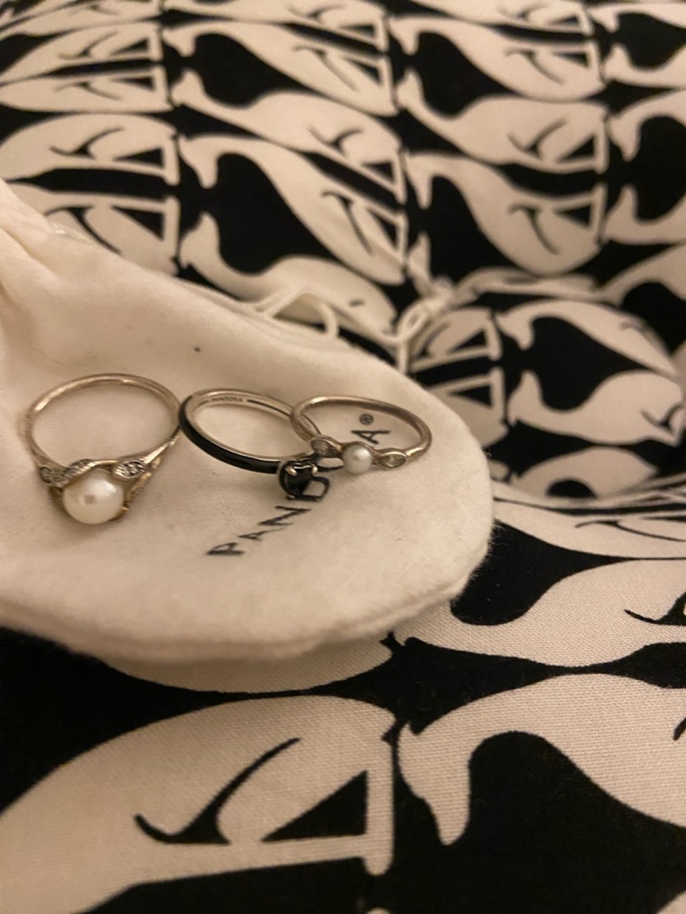 Pandora Silver Pearl Stackable Ring Set with Black Accent